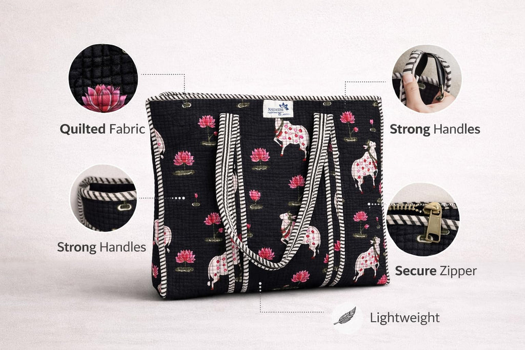 NAYASHI Big Size Printed Cotton Tote Bag | Pichwai Quilted Design | Inner & Mini Pocket | Heavy Metal Zipper | Shopping, Office & Travel | Midnight Black | 18 x 18 Inches