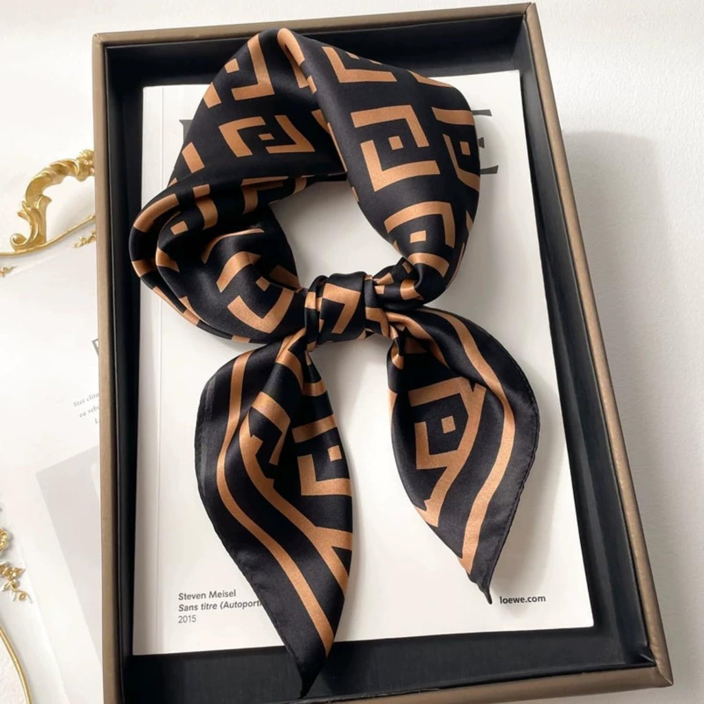 Flavizo Silk Satin Scarf for Women Stylish - Fashion Bandanas, Head Wrap Shawl Square Neck Hijab, Lightweight Hair Scarves for Office Travel Wear - Brown