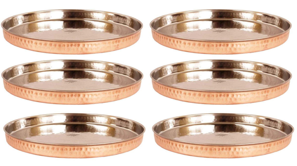 INDIAN ART VILLA Steel Copper Hammered Design Dinner Plate Thali, Dinnerware & Tableware, 12 Inch Width, Set of 6