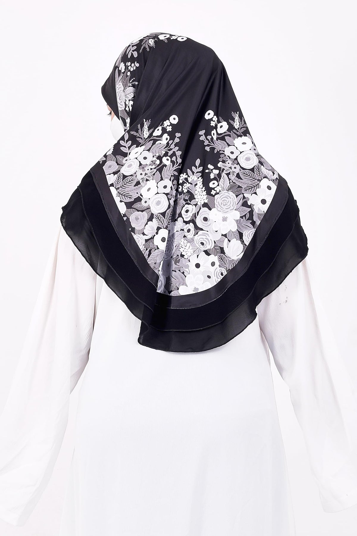Markaz Hijab Printed Malaysian Instant Hijab for Women | Floral Border Design | Ready to Wear Modest Fashion Headscarf | Elegant Muslimah Style (BLACK, XXL (36))