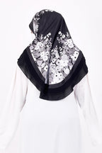 Markaz Hijab Printed Malaysian Instant Hijab for Women | Floral Border Design | Ready to Wear Modest Fashion Headscarf | Elegant Muslimah Style (BLACK, L (30))