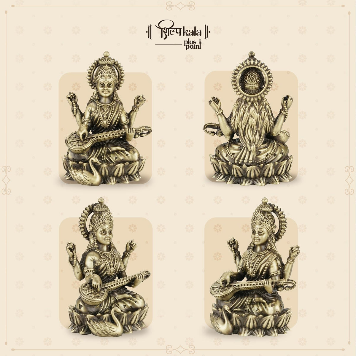 Shilpkala 5 Inch Kamal Saraswati Brass Idol with Veena for Study Table, Learning & Gift