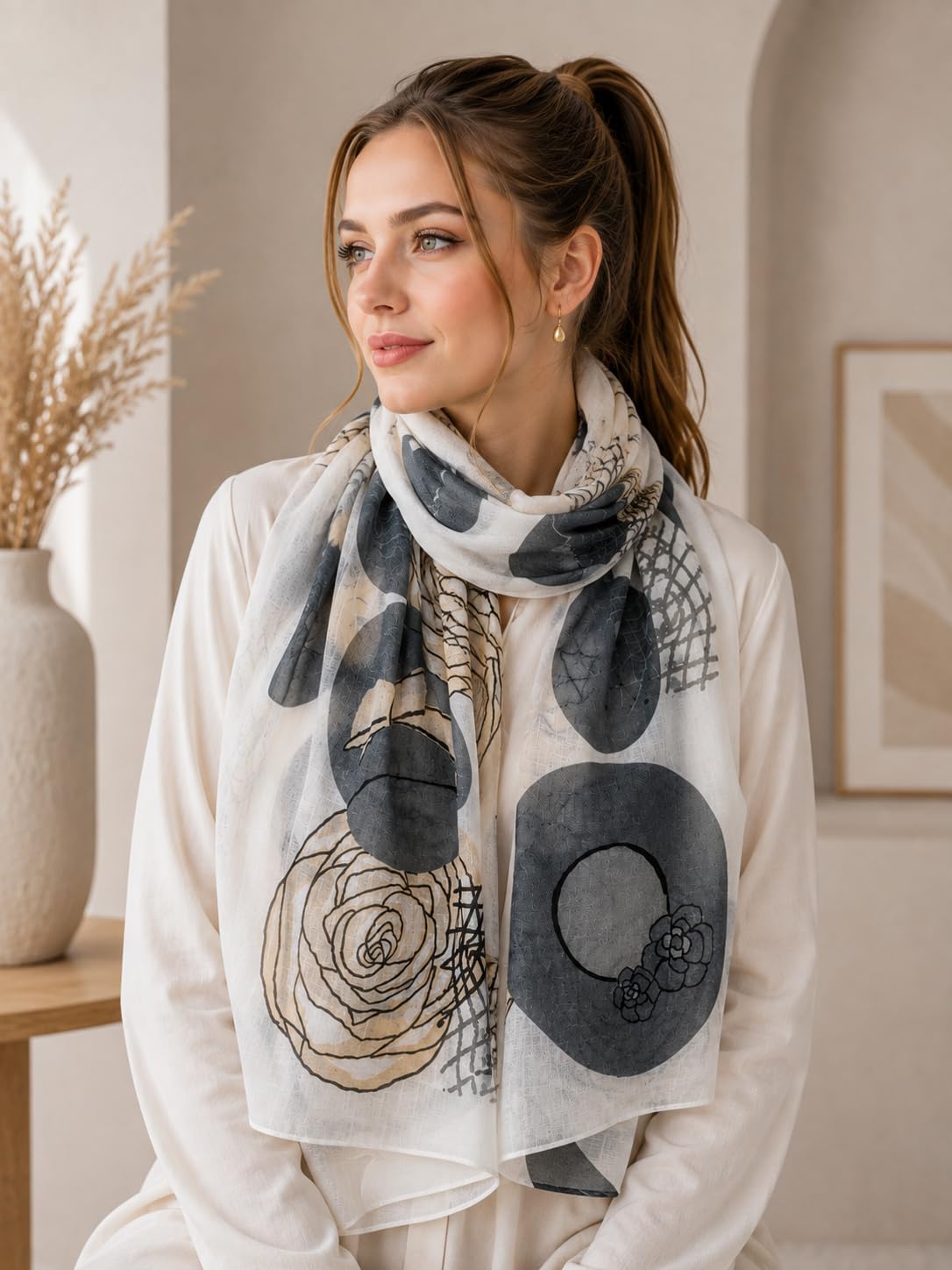 Brightonce Fashion Women’s Abstract Floral Printed Scarf | Beige, Grey & Off White Lightweight Stole Shawl Dupatta | Elegant Head Wrap & Hijab Scarf