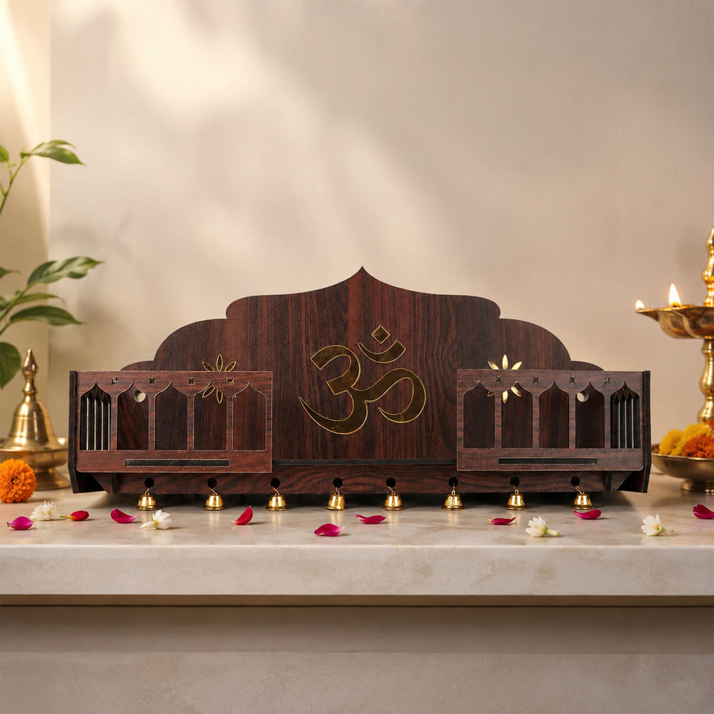 The Divine Tales Traditional Balcony Style Wooden Mandir Wall Mounted Pooja Mandir for Home Wooden Temple with Om Design Golden Bells Railing Prayer Shelf for Home Office Housewarming Gift 8 Inch