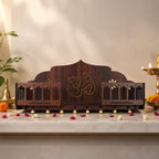 The Divine Tales Traditional Balcony Style Wooden Mandir Wall Mounted Pooja Mandir for Home Wooden Temple with Om Design Golden Bells Railing Prayer Shelf for Home Office Housewarming Gift 8 Inch