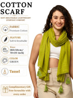 GALE GIRLS Cotton Mulmul Scarf|Scarf for Women|Mulmul Stole|Soft Beach Wrap|Tassel Design|Easily fits 180 * 50cm|Green