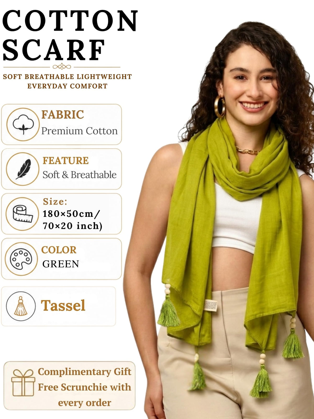 GALE GIRLS Cotton Mulmul Scarf|Scarf for Women|Mulmul Stole|Soft Beach Wrap|Tassel Design|Easily fits 180 * 50cm|Green