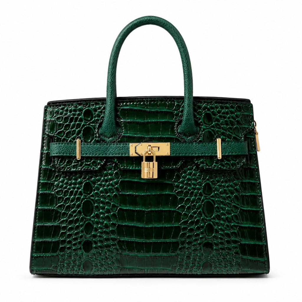 LOVHIDE Women's Crocodile Pattern Handbag | Premium Patent Leather Tote Bag | Elegant Top Handle Shoulder Purse with Lock Closure | Dark Green
