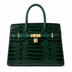 LOVHIDE Women's Crocodile Pattern Handbag | Premium Patent Leather Tote Bag | Elegant Top Handle Shoulder Purse with Lock Closure | Dark Green