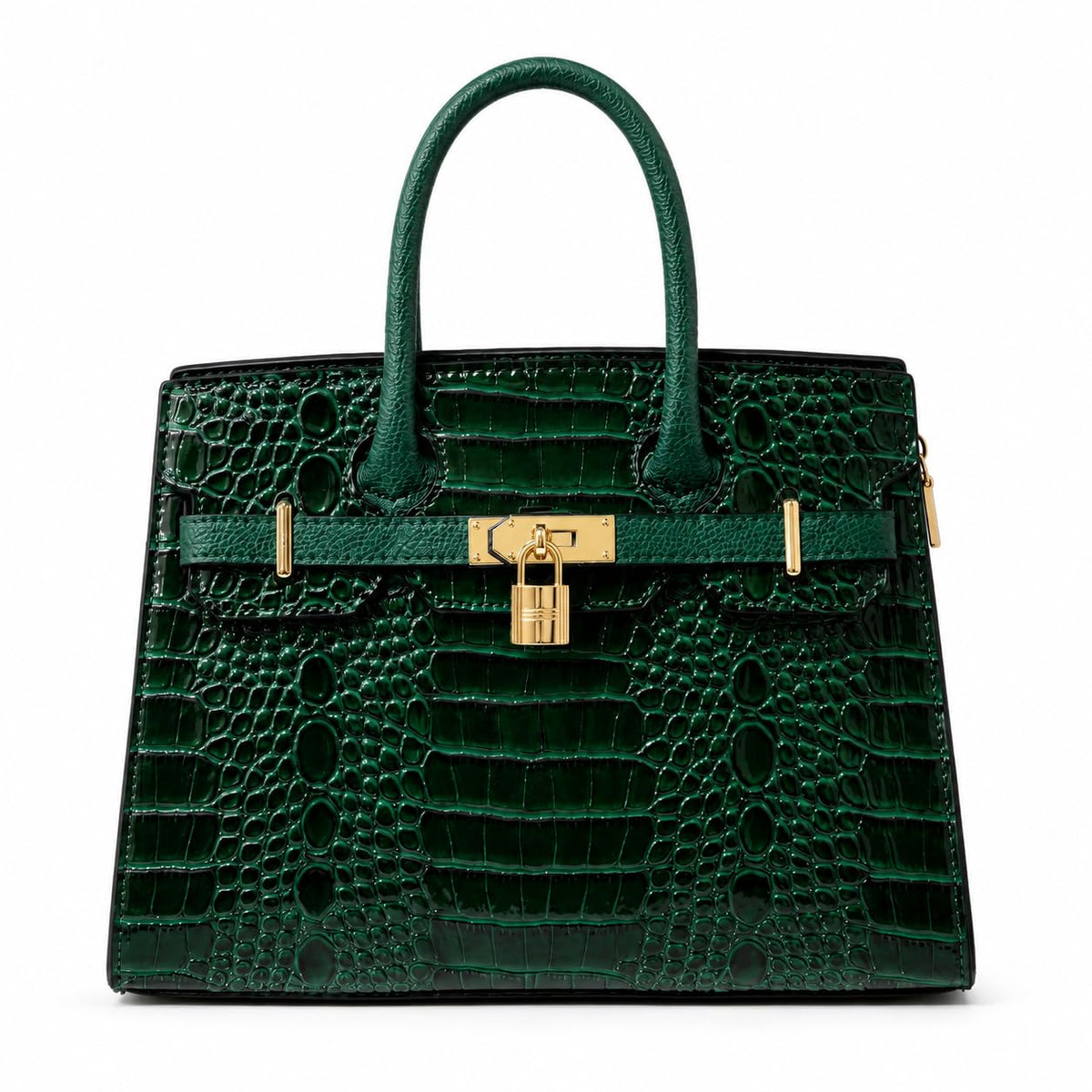 LOVHIDE Women's Crocodile Pattern Handbag | Premium Patent Leather Tote Bag | Elegant Top Handle Shoulder Purse with Lock Closure | Dark Green