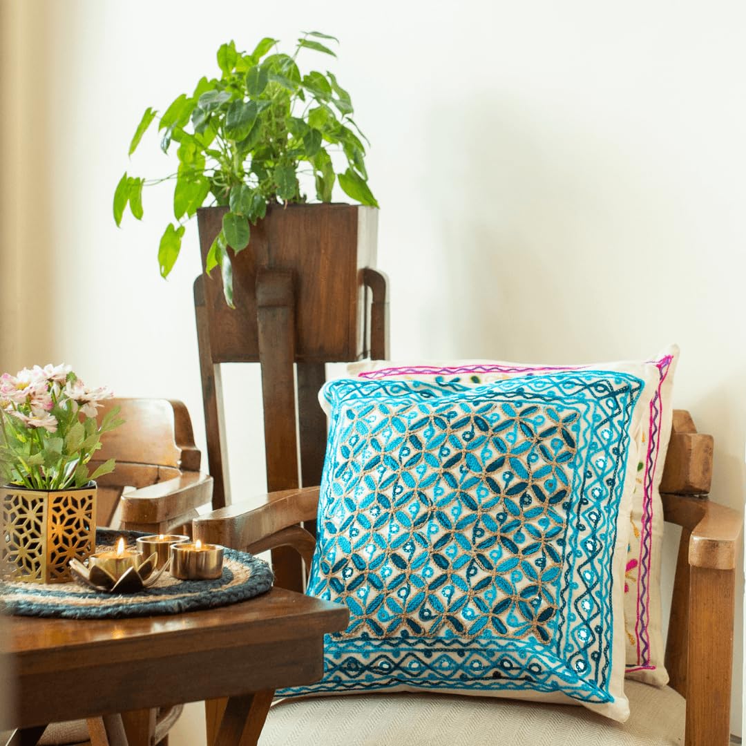 ATRANGI STUDIO Embroidered Cushion Covers - Set of 2 | Traditional Aari Embroidery | Threadwork Throw Pillow Covers with Zip Closure | Perfect for Sofa, Bed, Chair | 16x16 Inch, Blue