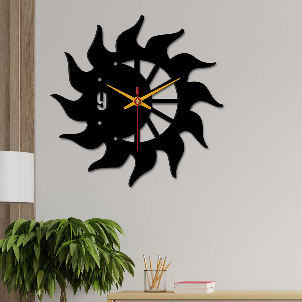 VIBECRAFTS Sun Flames Wooden Wall Clock Wood Wall Clock for Home Decor, Office, Living Room, Bedroom, Cafe's, Gift (WWCVC1Pcs_10008N)