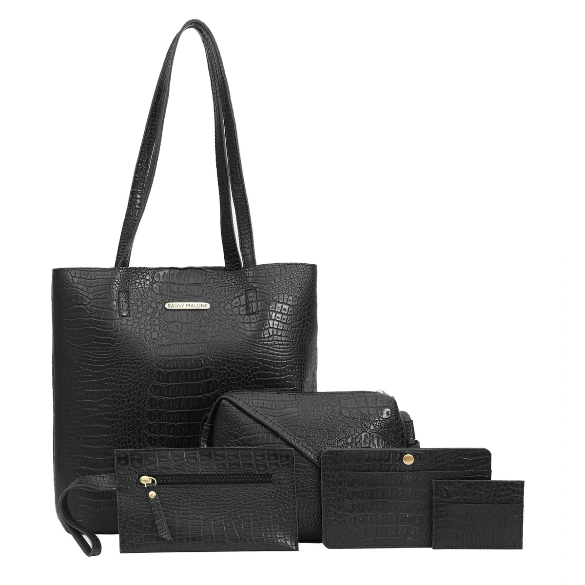 Bagsy Malone Women's Vegan Leather Stylish Tote Bag Pack of 5 | Ladies Purse Handbag (Croco Black)