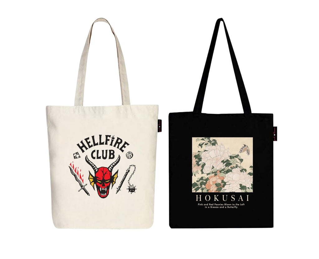 Peach Blossom Printed Cotton Zipper Tote Bags | CBAG - WHT-HELLFIRE_BLK-PEONIES HOKUSAI