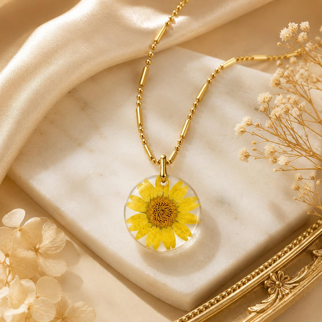 Real Dried Yellow Flower Resin Pendant for Women Nature Inspired