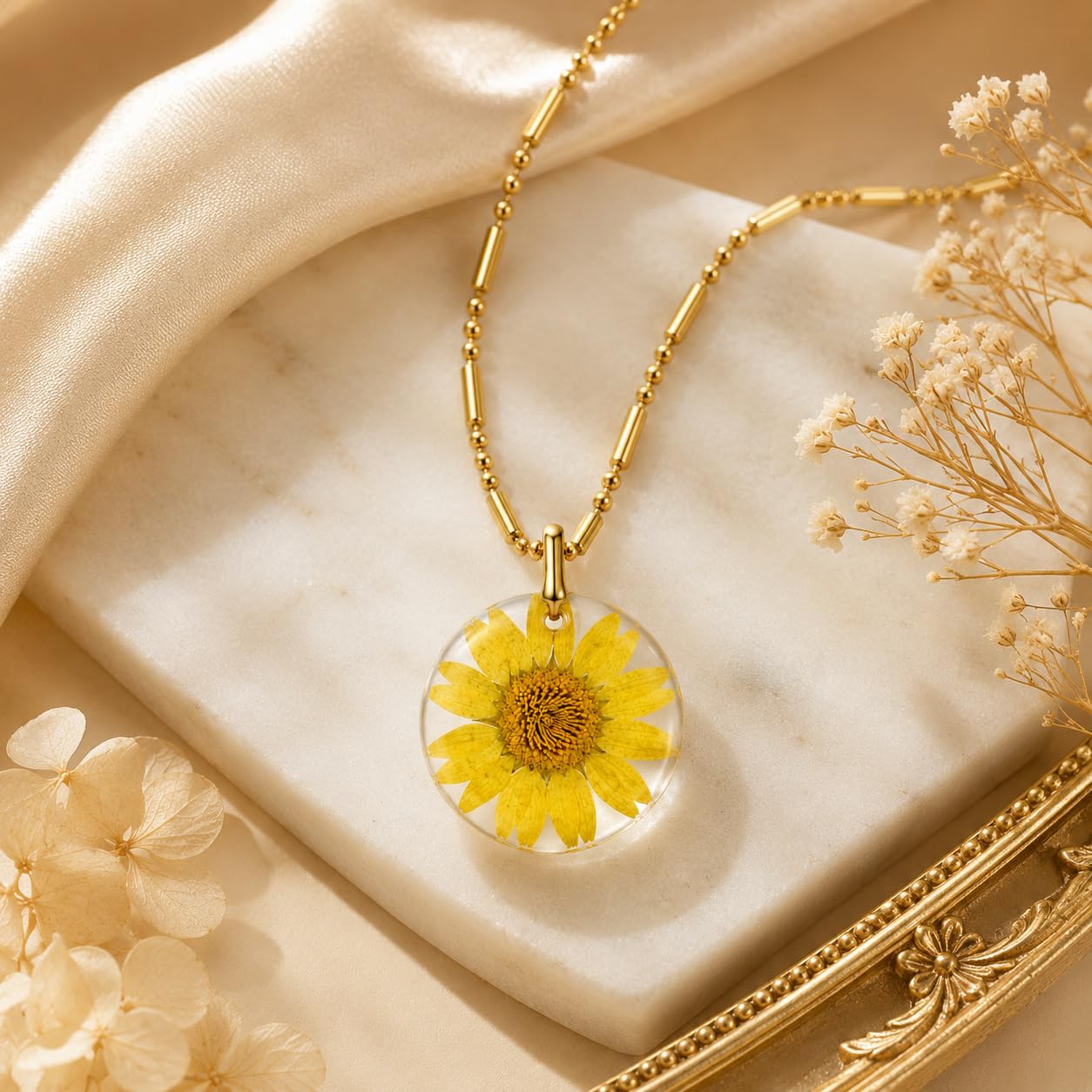 Real Dried Yellow Flower Resin Pendant for Women Nature Inspired