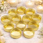 SATYAM KRAFT 12 Pcs Metal Tealight Candle Holders Golden Round Decorative Diya Stand for Pooja Thali Home & Office Decor | Ideal for Gifting Wedding New Year Festivals & Events Craft uses