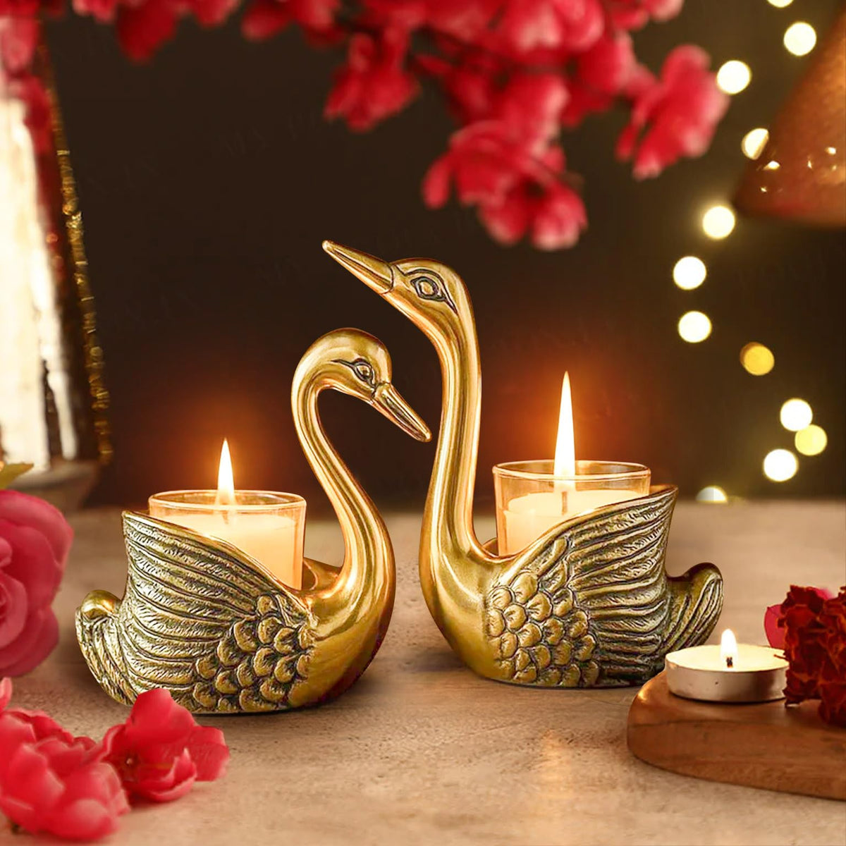 TIED RIBBONS Pack of 2 Swans Tea Light Candle Holder (Aluminium) | Decorative Candle Stand for Home Décor, Living Room & Gifting | Decoration Item for Home, Gifts for Friends and Family