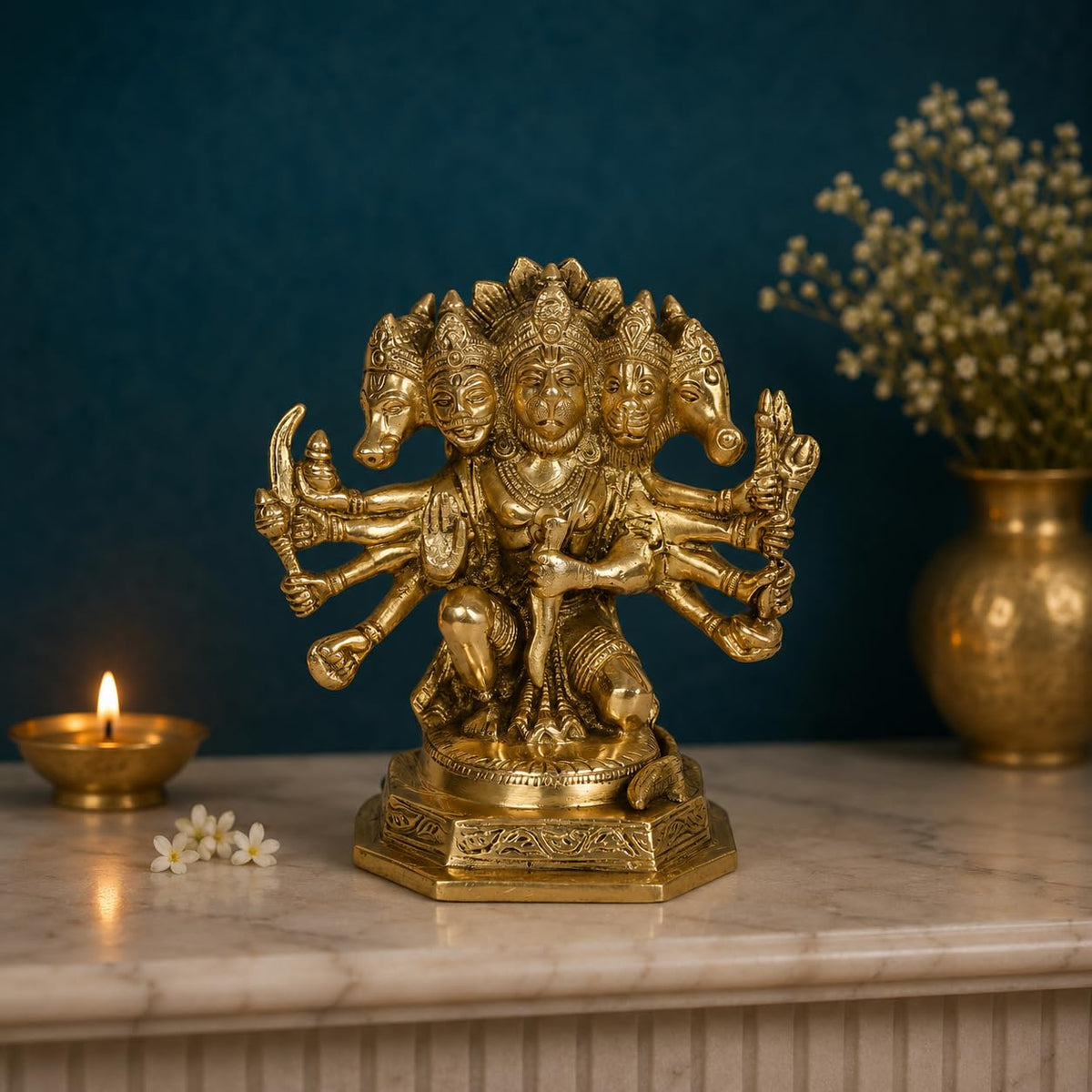 ARTVARKO Brass Panchmukhi Sitting Bajrangbali Lord Hanuman Idol for Spiritual Protection Statue for Home Office Decor Gift Height 7 Inches