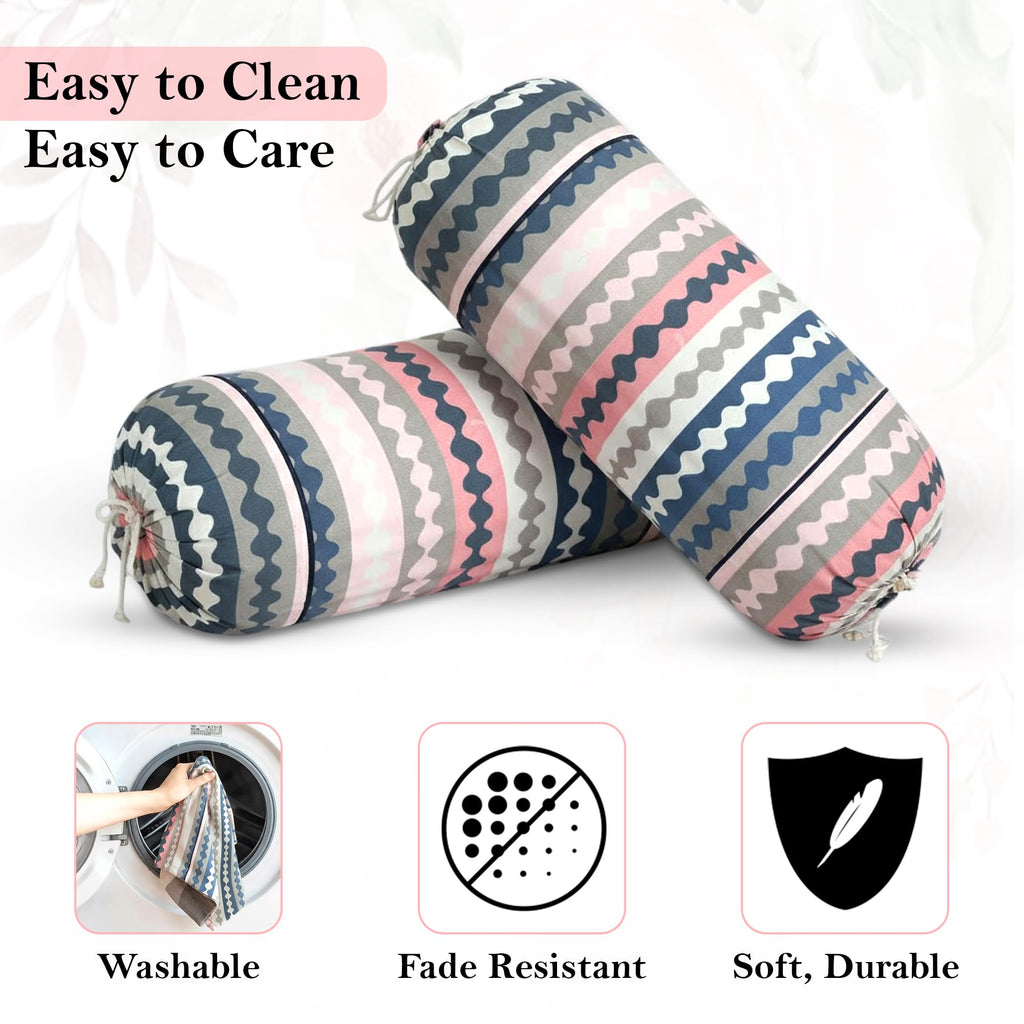 GLUN® Pack of 4 Zig Zag Multicolour Round Striped Bolster Pillow Covers, Size 16 inch x 30 inch (40 x 75 cm, Cream) Printed Polyester Silk Fabric for Living Room or Bedroom, Stylish & Modern Covers