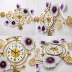Mahira Artefacts Luxury Gold Metal Floral Wall Clock with Purple & White Flowers with White and Gold Dial | Modern Silent Decorative Wall Clock for Living Room, Bedroom, Dining Room, Hall & Office