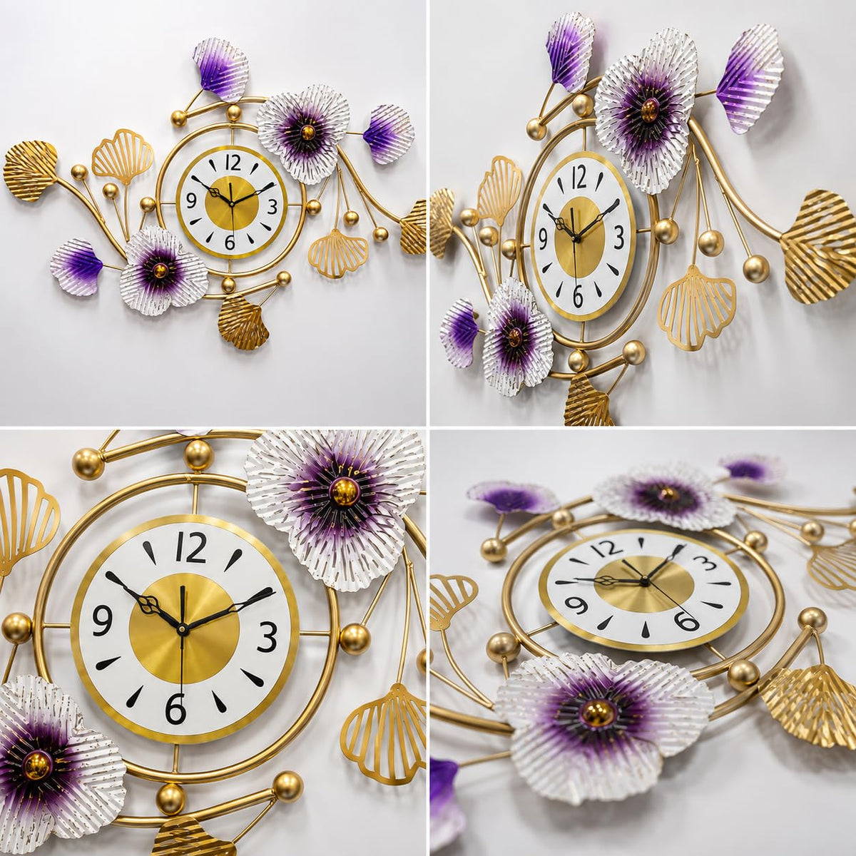 Mahira Artefacts Luxury Gold Metal Floral Wall Clock with Purple & White Flowers with White and Gold Dial | Modern Silent Decorative Wall Clock for Living Room, Bedroom, Dining Room, Hall & Office
