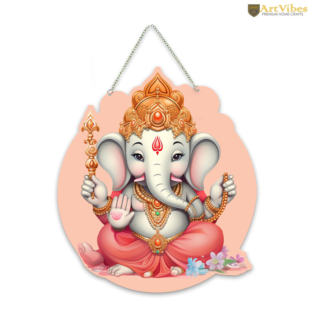 Artvibes Bal Ganesha Auspicious Wooden Art Work Wall Hanging For Good Luck Properity Vastu | Spiritual Decor Items | Paintings | Wall Illustrations| Stylish Modern Decor Item | Gift Items (WH_8605N)