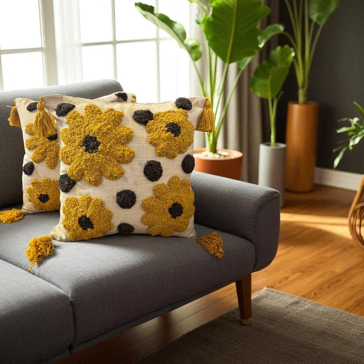 Furnistitchs Handmade Cotton Bohemian Home Decor Cushion Cover 24x24 inches / 60x60 cms - Boho Chic Couch Sofa Throw Living Room Bedroom Cushions (1, Floral Polka)
