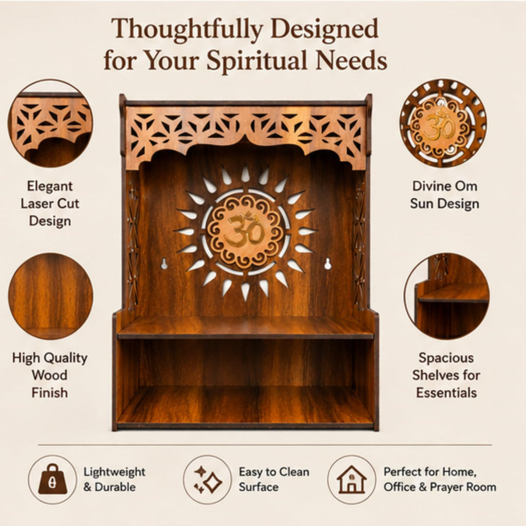 Shubharambh Wooden Temple for Home Pooja | Premium Engineered Wood Mandir with Om Laser Cut Design | Wall Mounted & Tabletop Puja Mandir | Decorative Wooden Temple for Home, Office (15 Inch)