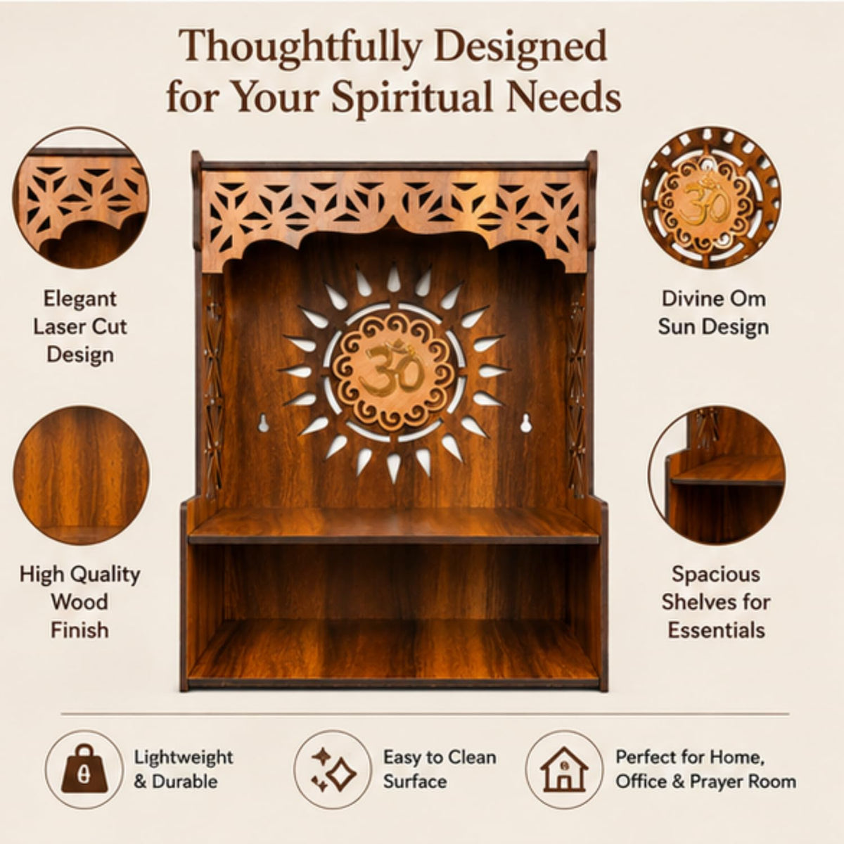 Shubharambh Wooden Temple for Home Pooja | Premium Engineered Wood Mandir with Om Laser Cut Design | Wall Mounted & Tabletop Puja Mandir | Decorative Wooden Temple for Home, Office (15 Inch)