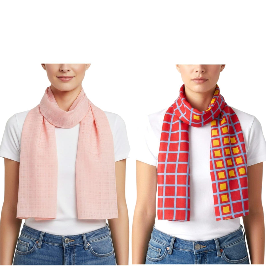 MINDORA Women's Georgette Cotton Chiffon Scarf Combo, Soft Lightweight Summer Scarf, Printed Stole for Daily Wear, Office, Saree & Gifting, Pack of 2 (Combo - 19)