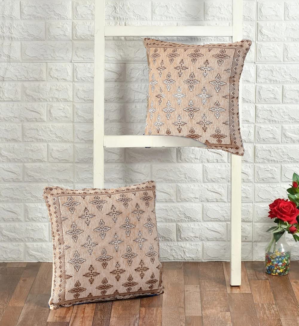 DECOMIZER Jacquard Geomteric Cushion Covers 16 inch x 16 inch Set of 2 Ethnic Motifs Cushion Covers,Design- Plus,Color- Beige