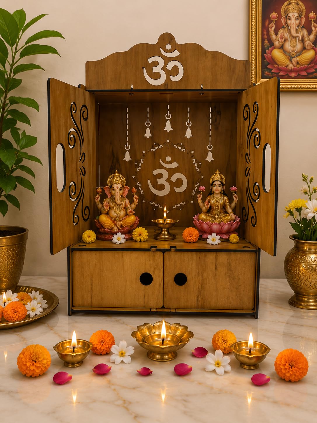 EXPRO Wooden Pooja Mandir for Home with Door | Engineered Wood Home Temple Unit with Storage Space | Wall Mounted Temple for Office & Living Room | DIY Mandap with OM & Bell Design (Brown | Design 3)