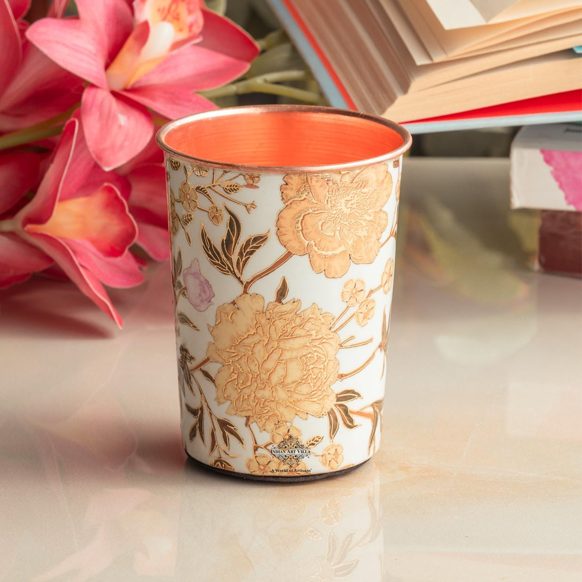 INDIAN ART VILLA Copper Gold Flower Print Glass – 275 ML, Handcrafted Ayurvedic Copper Drinkware for Daily Use, Elegant Water Glass for Home, Office, and Special Gifting, Set of 1
