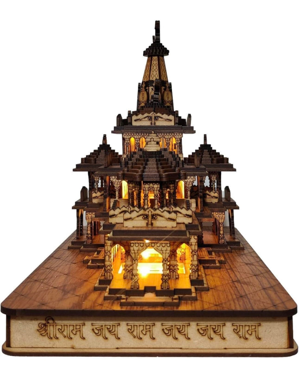 Twinster Ram Mandir Ayodhya Wooden Temple Model 6 Inches Decorative Statue Ideal for Home Décor and Gifting (with LED)