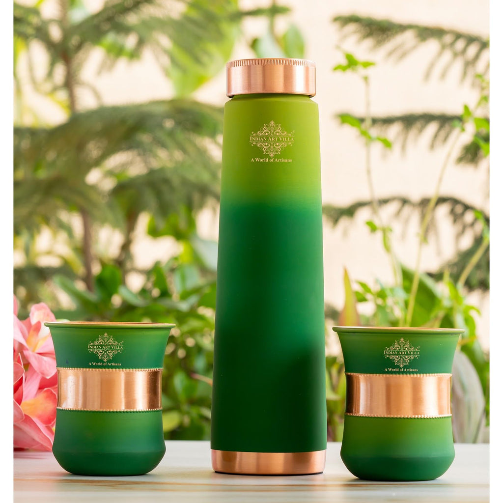 INDIAN ART VILLA Copper Bottle & Glass Gift Set - 800 ml Water Bottle & 2 Glasses (300 ml Each) - Green Pyramid Ombre Silk Finish, Perfect for Gifting & Everyday Use