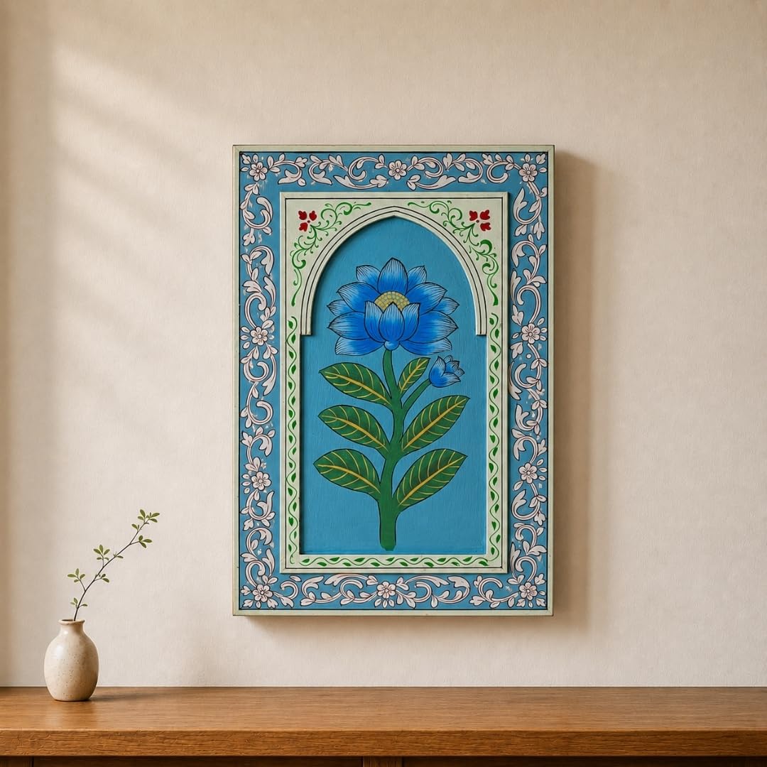 ATRANGI STUDIO Neelkamal Handpainted Wooden Wall Frame | Rajasthani Traditional Craft | Decorative Floral Wall Hanging Art for Living room, Bedroom, Office | 12×18 Inch, Blue