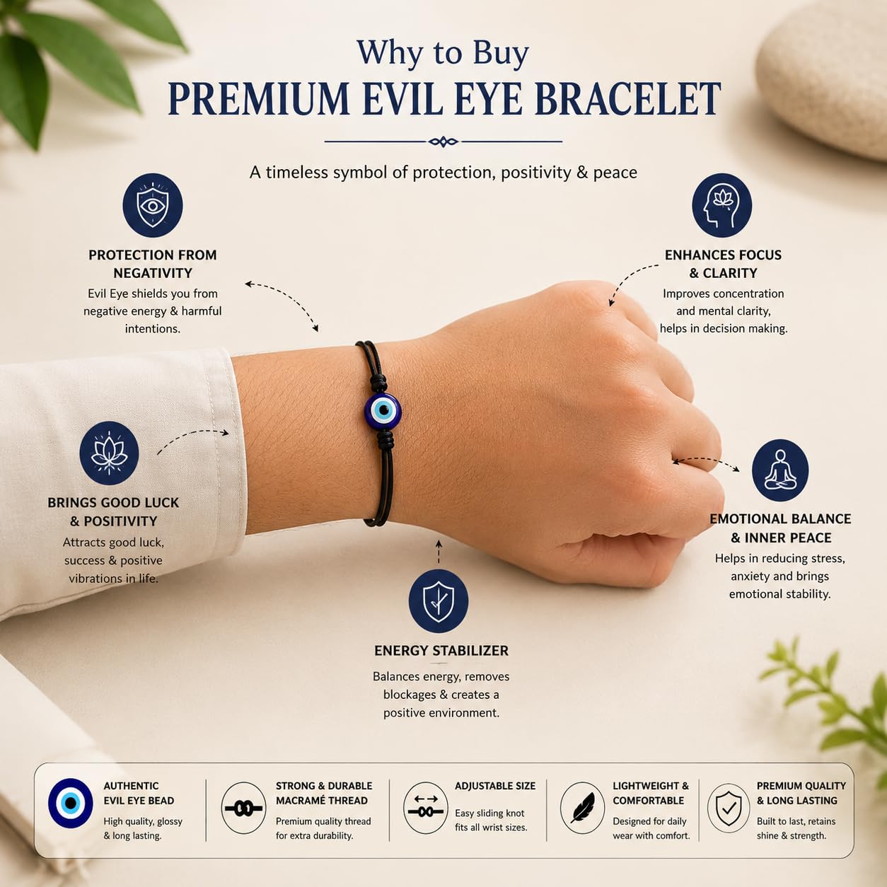 Handmade Evil Eye Bracelet Set of 4 | Black Thread Adjustable Bracelets for Women, Men, Girls & Boys | 6 mm Nazar Charm Protection Wristband