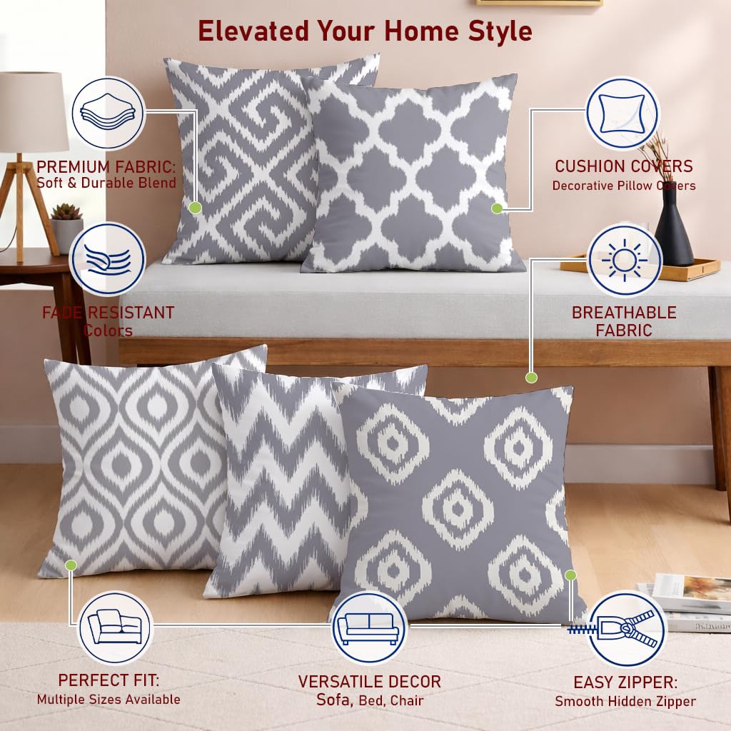 STITCHNEST Set of 5 Polycotton Cushion Covers – 18x18 Inches – Grey & White Ikat Geometric Print – Elegant Cushion Covers for Sofa & Living Room | Perfect for Home Decor