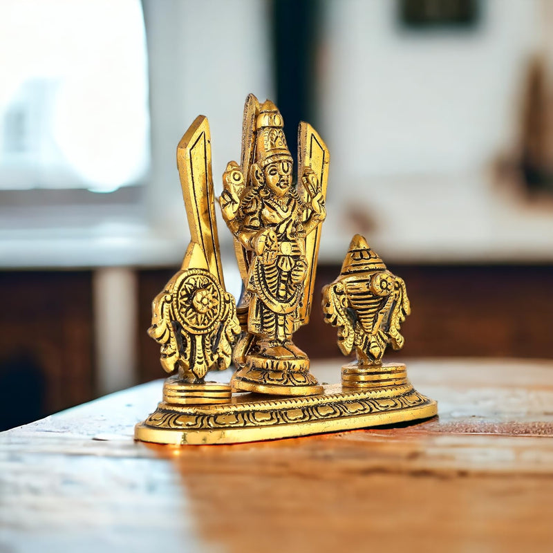 KridayKraft Lord Tirupati Balaji Venkateswara Swami with Shank chakar Tilak Namah Gold Plating Antique Decorative for Car Dashboard Home & Office Table Showpiece Figurines