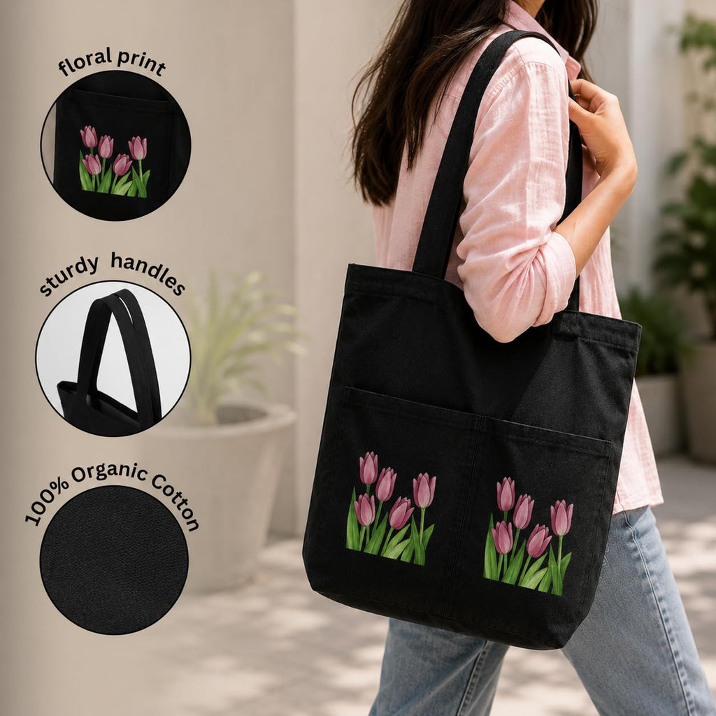 Suryatra Noir Tulip Canvas Tote Bag for Women & Men | Premium Cotton Canvas Shoulder Bag with Dual Front Pockets | Tote Bag for Office, College, Shopping & Travel | Black | 14 x 16 Inches