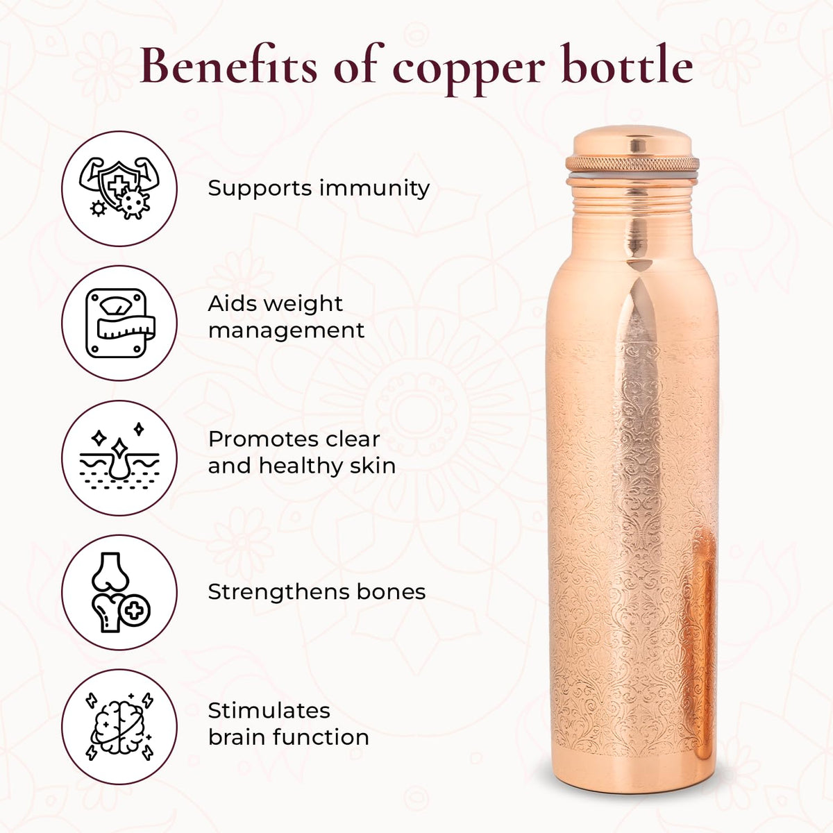 AURASHIE Pure Copper Drinkware Gift Set – Embossed Design with 1 Bottle (900 ML) & 2 Glasses (300 ML) in a Blue Box – Gifting Item for Diwali, Weddings, and Festive Occasions