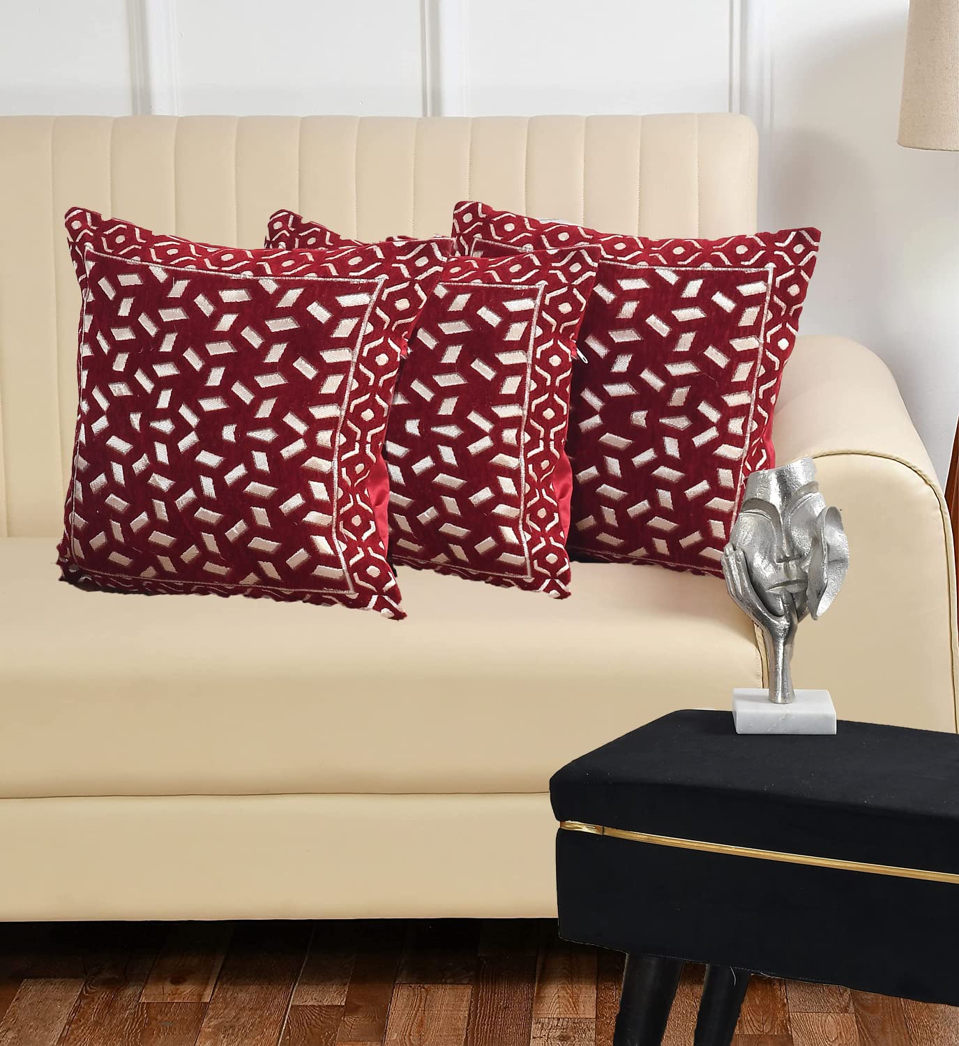 DECOMIZER Jacquard Geomteric Cushion Covers 24 Inch X 24 Inch Set Of 3 Ethnic Motifs 240 TC Cushion Covers,Design- Bricks,Color- Maroon