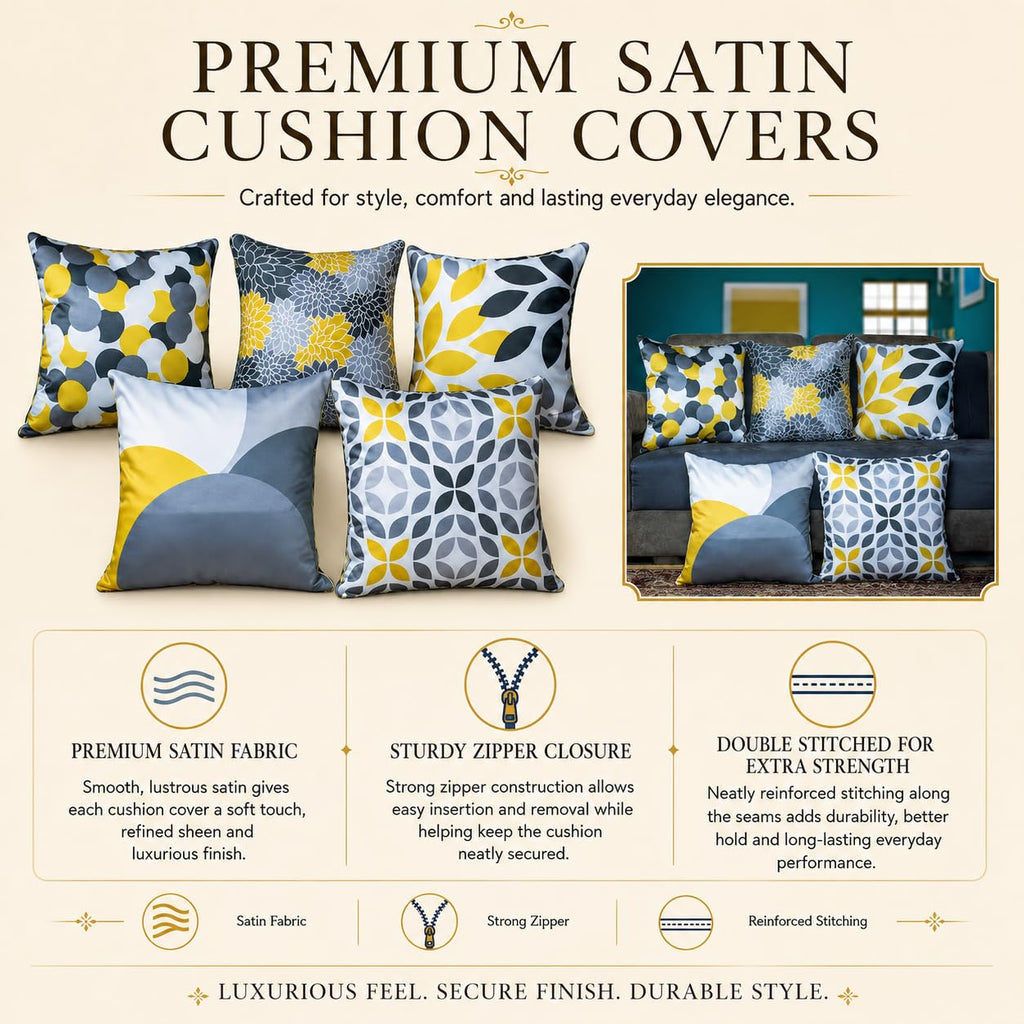 Vendola Decorative Satin Sofa Cushion Covers Set of 5, 16 inch x 16 inch, Sofa Cushion Pillow Cover, Yellow and Grey, Zipper Closure (Canary, 16X16 Inches)