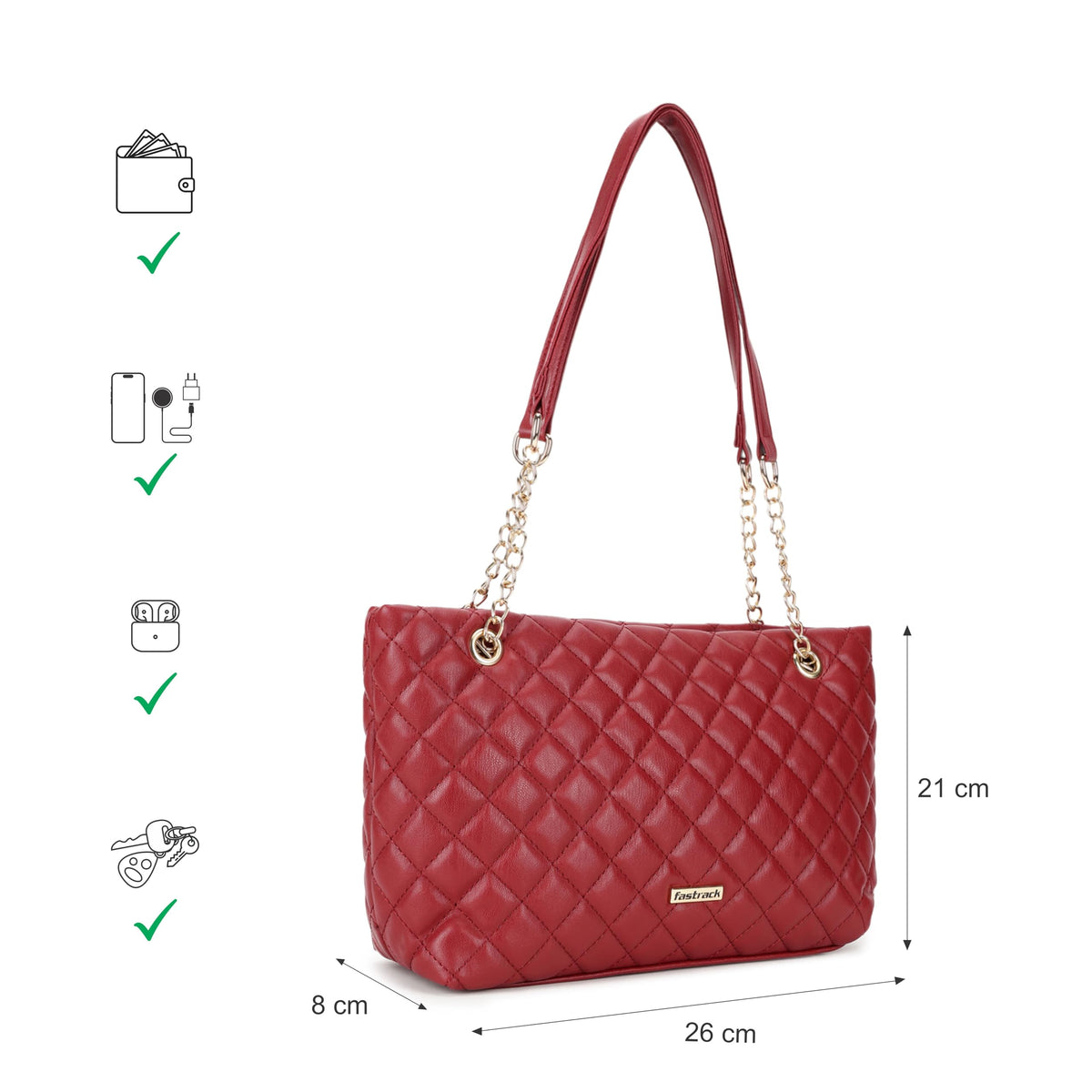 Fastrack PU Structured Quilted Tote Bag with Chain Shoulder Straps | Diamond Quilted Tote with Zipper Closure | Totes for Office & Daily Use | Ladies Purse Handbag