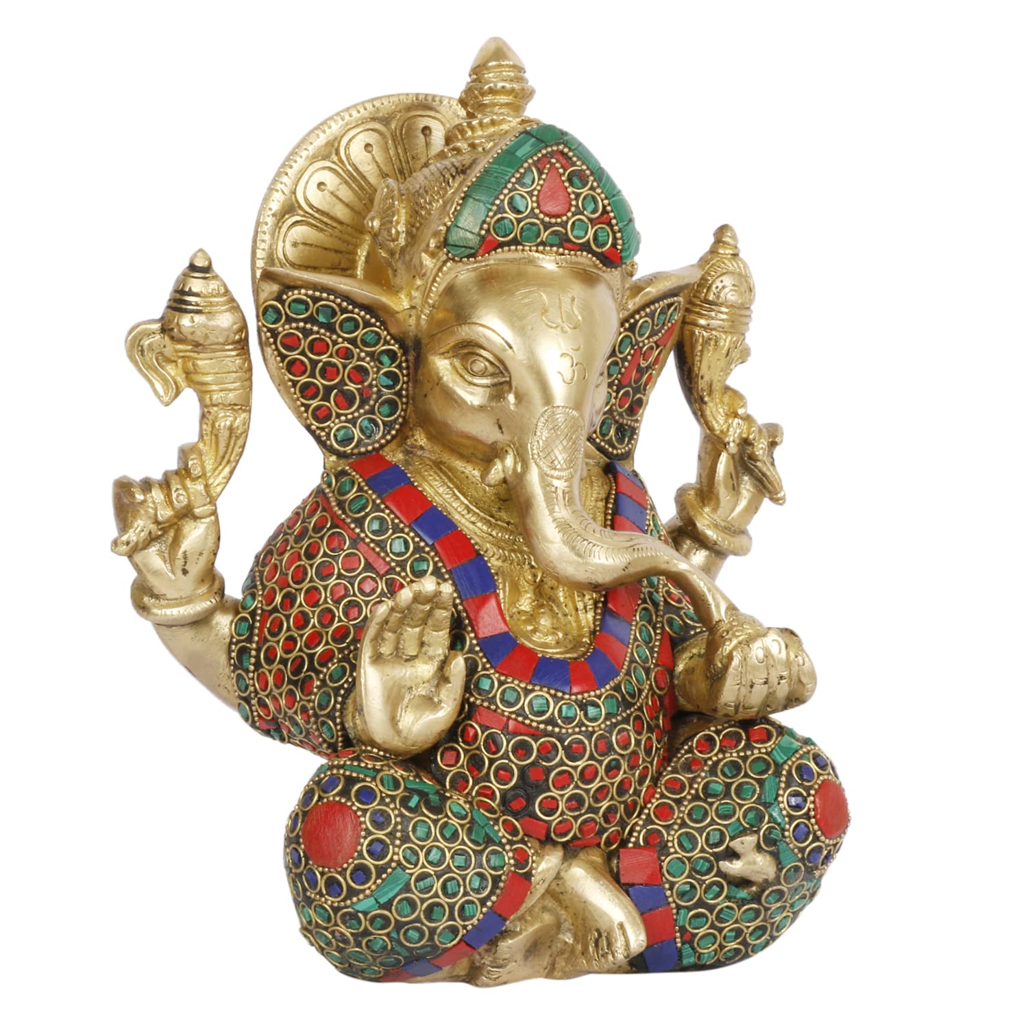 ARTVARKO Brass Ganesha Ganpati in Multicolour Gemastone Idol Ganesh Statue for Blessing Happiness, Health and Wealth Home Office Temple Puja 8 Inch