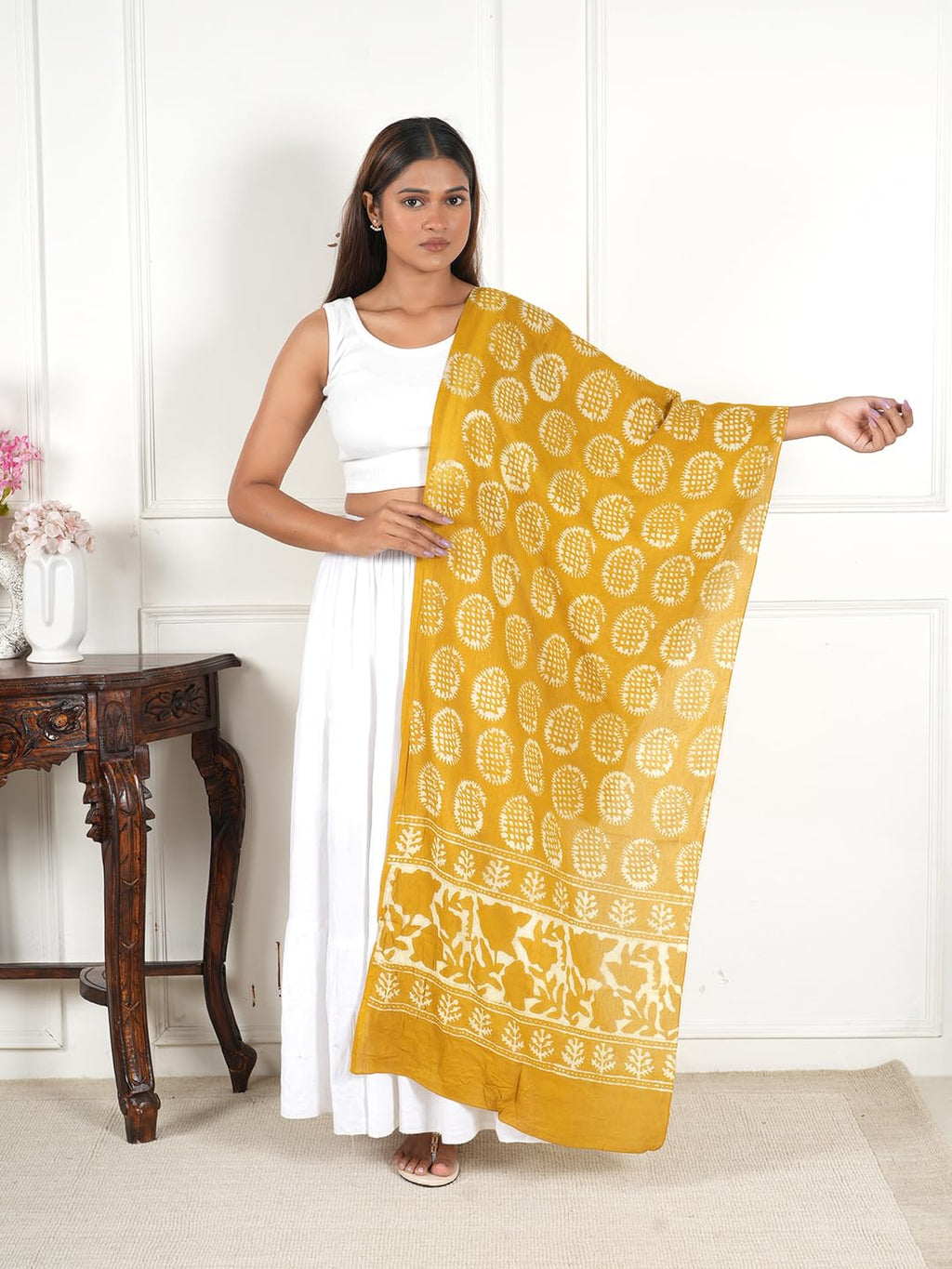 Gutthi Women's Cotton Stoles | Scarf Lightweight & Comfortable for All Seasons | Soft Floral Scarves, Size (100X180 CM) (Yellow)