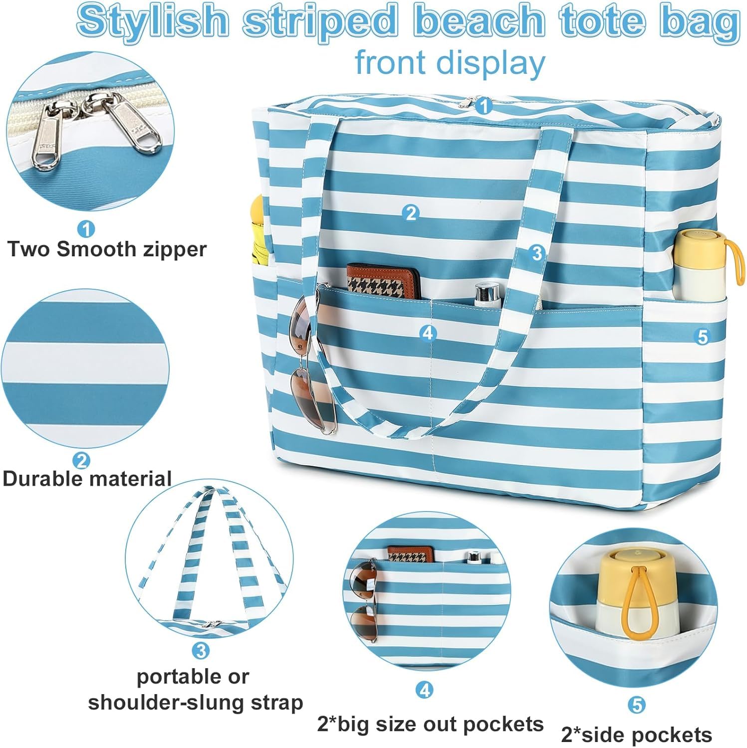 hirTa Cery Tote Bag with Makeup Pouch for Teacher Women Office Girls Work Multipurpose Shoulder HandBag for Travel Grocery Beach Hobo Diaper Changing Sandproof Pool - White and Blue