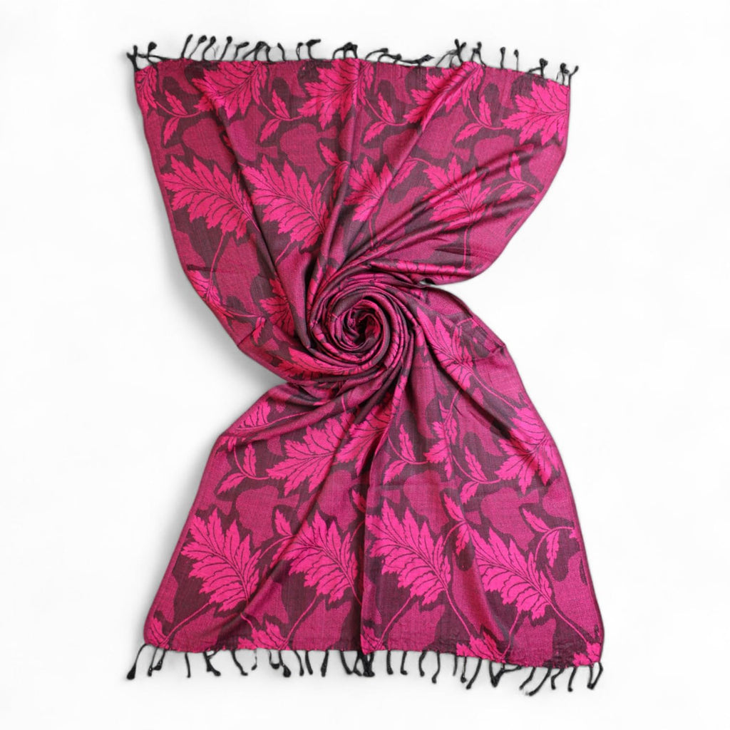 STOLE STUDIO Embellished Leaf Luxurious Viscose Stole Scarf (Black/Rani)