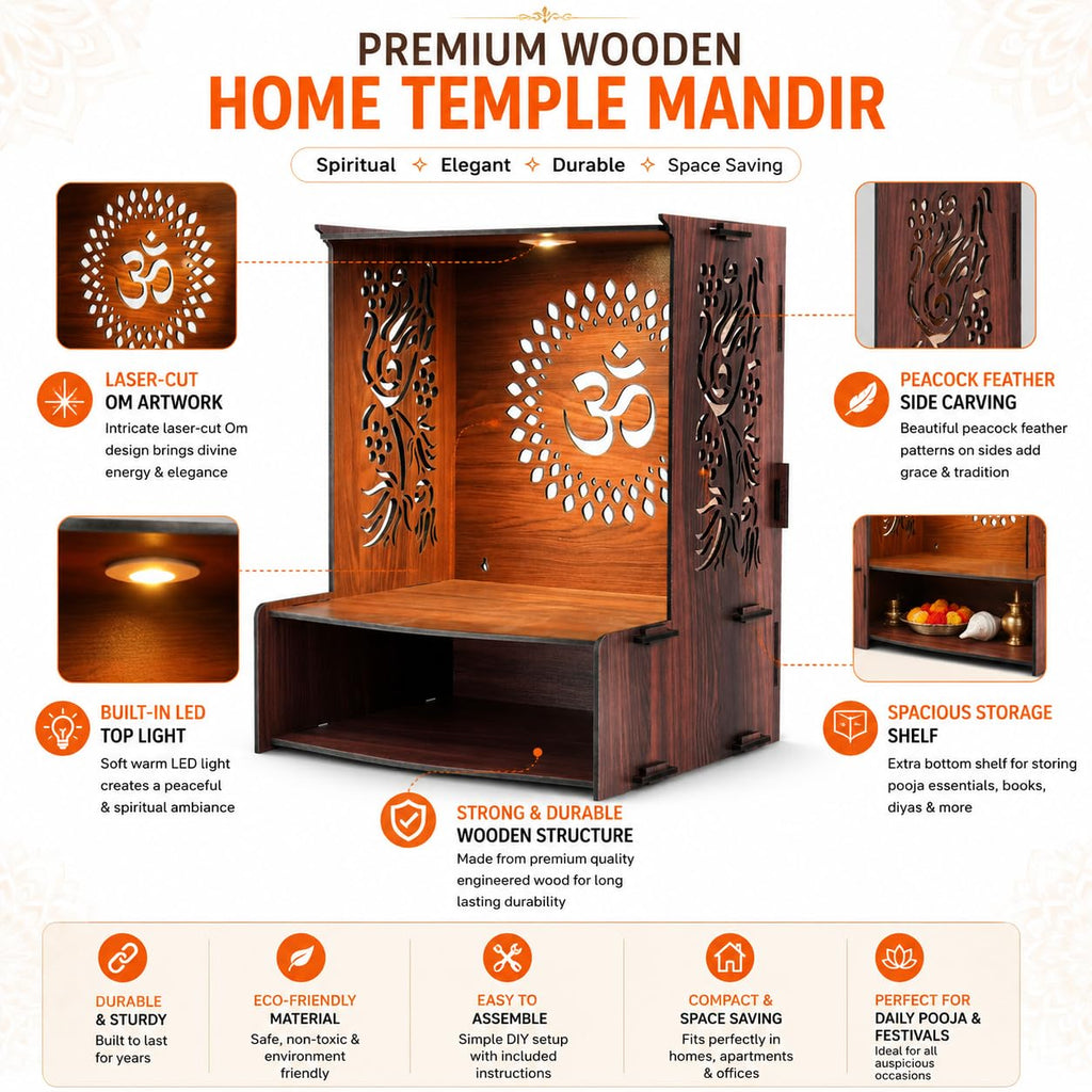 PIXIEDAISY Wooden Temple for Home with LED Light | Wall Mounted Pooja Mandir for Home & Office | Beautiful Wooden Pooja Stand for Living Room, Prayer Room & Hindu Temple Décor (Style-2)